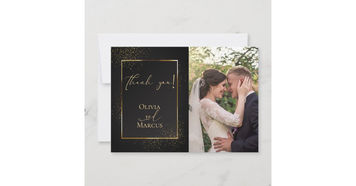 THANK YOU | PHOTO Elegant Black and Gold Glitter Card | Zazzle