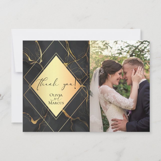 THANK YOU |  PHOTO Elegant Black and Gold Marble (Front)