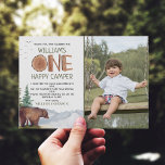 Thank You Photo Happy Camper<br><div class="desc">Cute and unique watercolor woodland,  bear - one happy camper- custom photo 1st birthday thank you card. Customizable!</div>