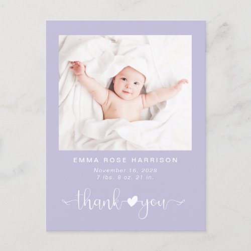 Thank You Photo Purple Girl Birth Announcement Postcard