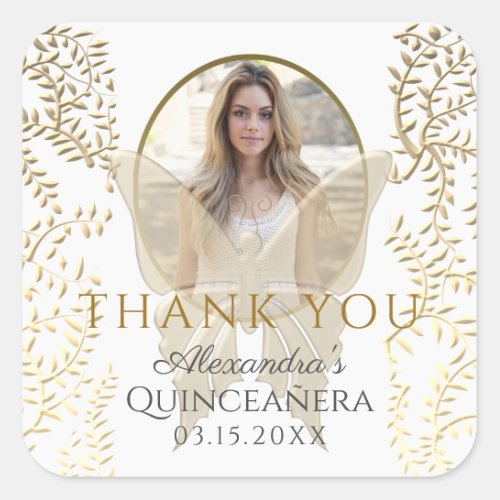 Thank You Photo Quinceanera Gold Square Sticker