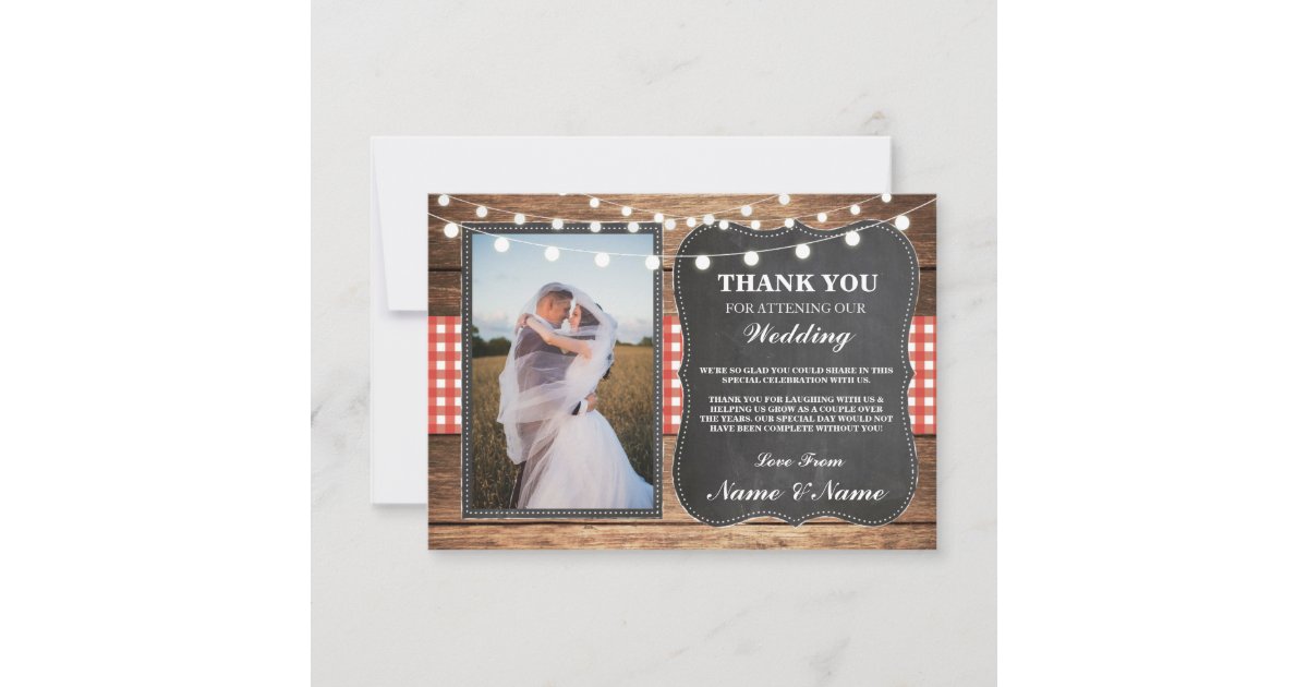 Thank You Photo Wedding Chalk Wood Rustic Red Card | Zazzle