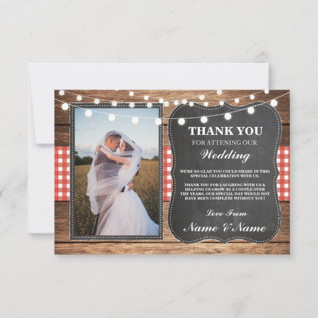 Thank You Photo Wedding Chalk Wood Rustic Red Card (Front)