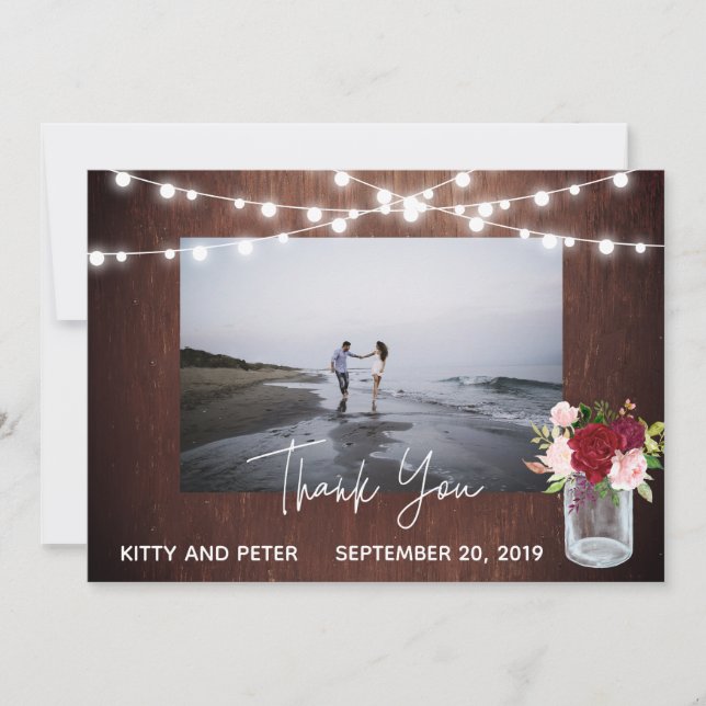 Thank You Photo Wedding  Wood Burgundy Mason Jar Card (Front)