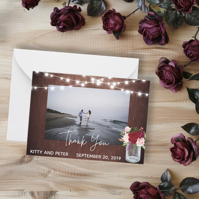 Thank You Photo Wedding  Wood Burgundy Mason Jar Note Card (Creator Uploaded)