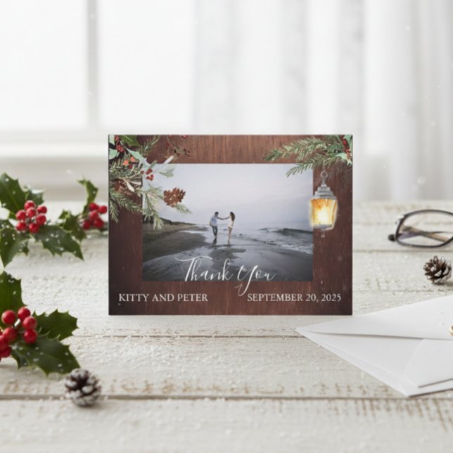 Thank You Photo Wedding Wood Winter Christmas  Note Card (Creator Uploaded)