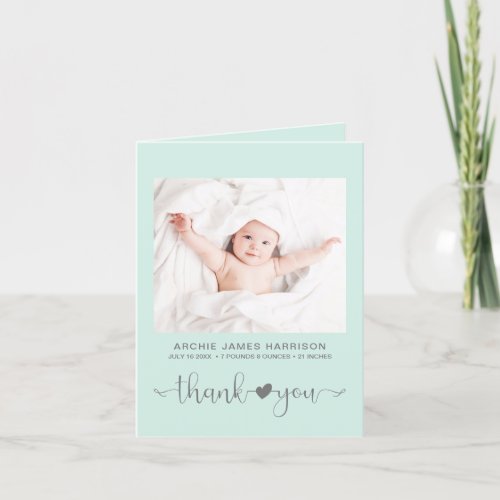 Thank You Photos Heart Soft Grey Mint Birth Announcement