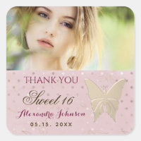 Thank You , Pink and Rose Gold Butterfly Sweet 16 Square Sticker