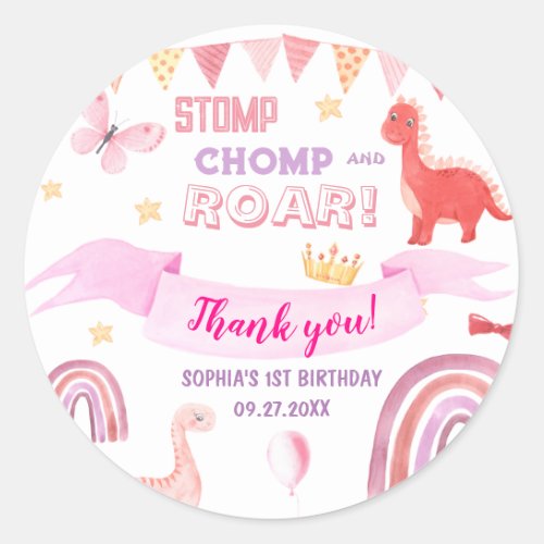 Thank you Pink Baby Dinasaur Kids Birthday Party Classic Round Sticker