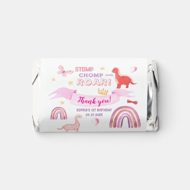 Thank you Pink Baby Dinasaur Kids Birthday Party Hershey's Miniatures (Front)