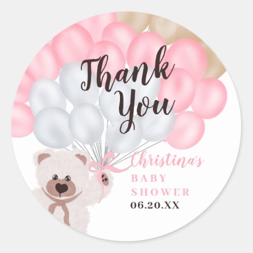 Thank you pink balloon bear girl baby shower classic round sticker