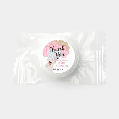 Thank you pink balloon bear girl baby shower  life saver mints