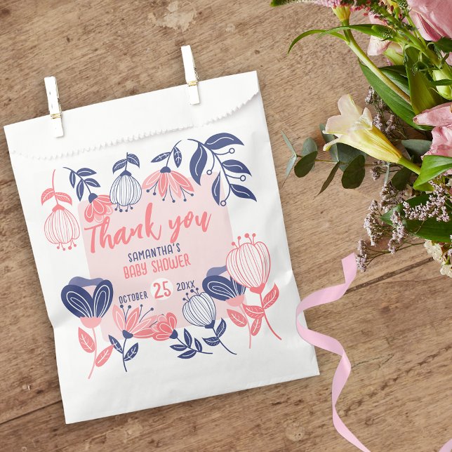 Thank You Pink Blue Flowers Botanical Baby Shower Favor Bag (Creator Uploaded)