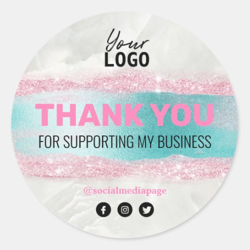 Thank You Pink Blue Glitter Business Logo Classic Round Sticker