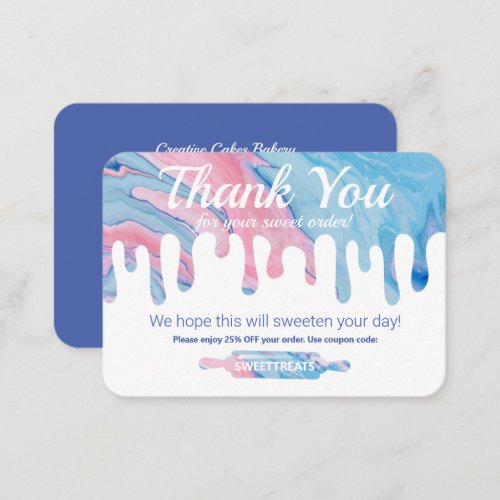 Thank You  Pink Blue Marble Drip Bakery Discount Enclosure Card
