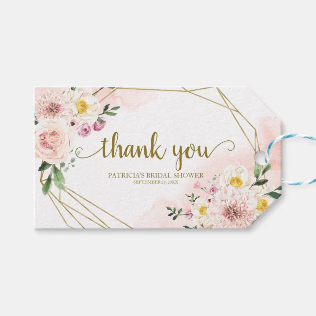 Thank You - Pink Blush Floral Gold Geometric Favor Gift Tags | Zazzle