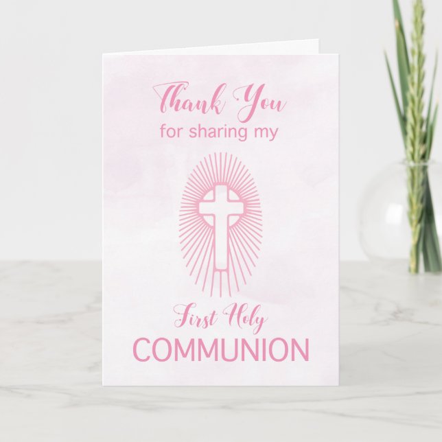 Thank You Pink Communion Cross Rays Card (Front)