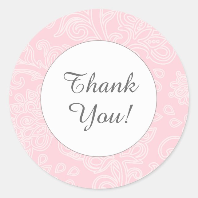 Thank you pink damask round favor stickers (Front)