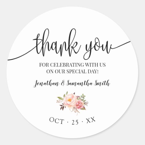 Thank you pink floral boho chic wedding classic round sticker