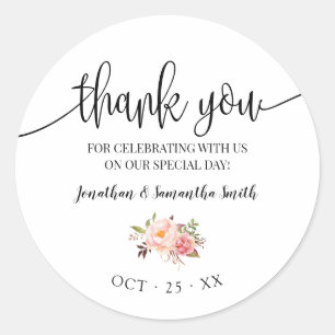 Thank you pink floral boho chic wedding classic round sticker