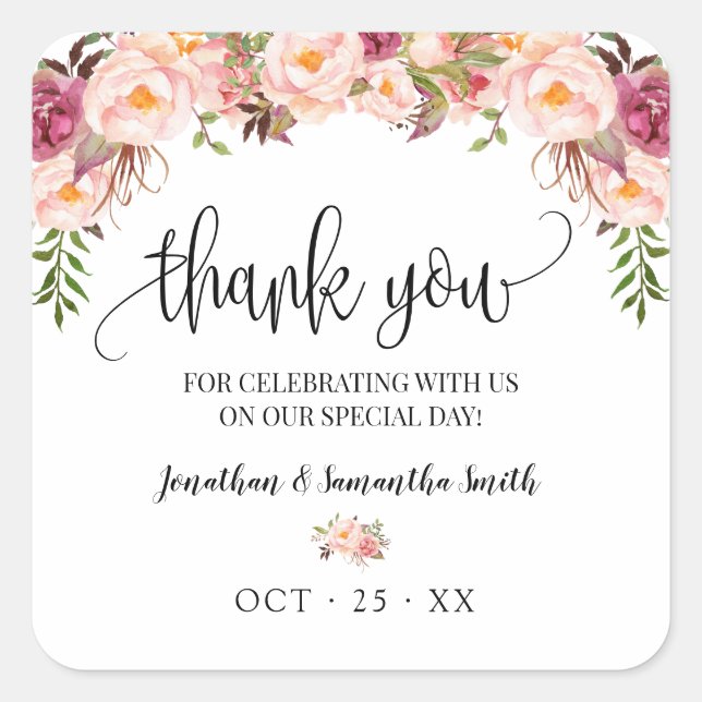 Thank you Pink floral boho chic wedding Square Sticker (Front)