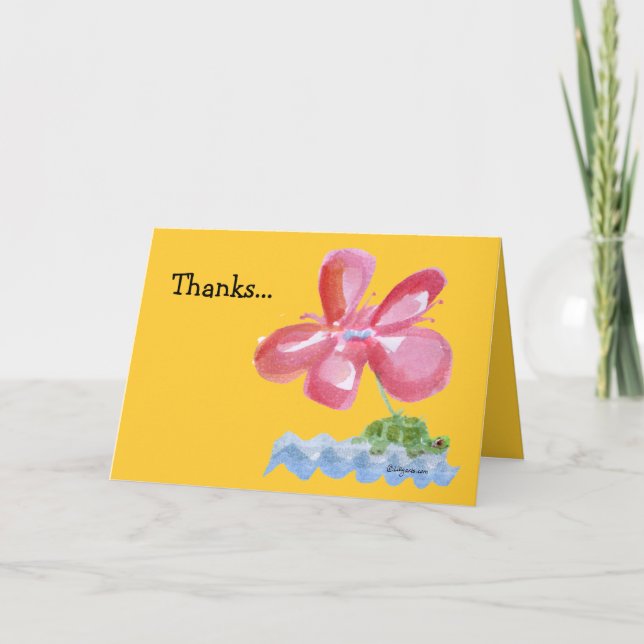 Thank You Pink Flower Turtle Watercolor Card (Front)