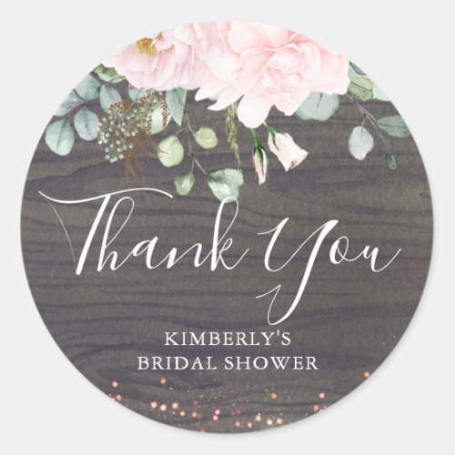 Thank You Pink Flowers Rustic Wood Bridal Shower Classic Round Sticker