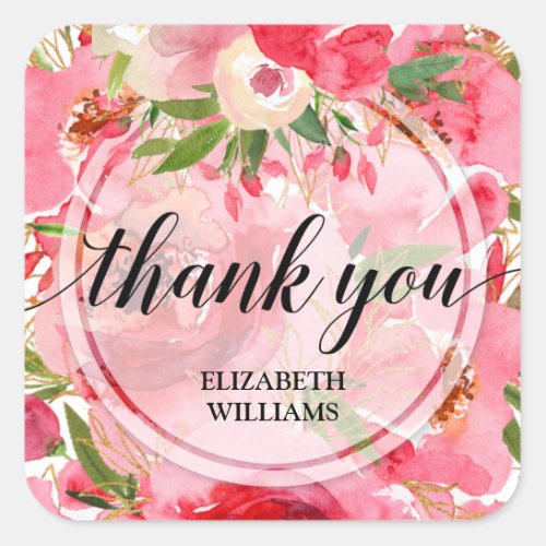 Thank You Pink Flowers Square Sticker