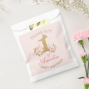 Thank you Pink Gold Crown Princess 1st Birthday Favor Bag