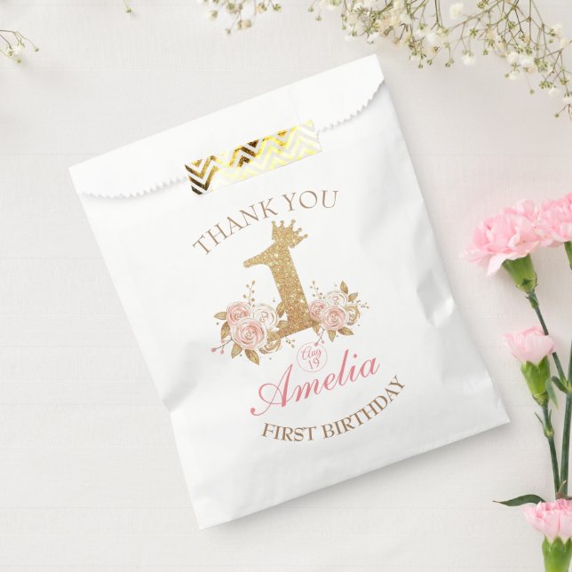 Thank you  Pink Gold Crown Princess 1st Birthday Favor Bag (Sealed)
