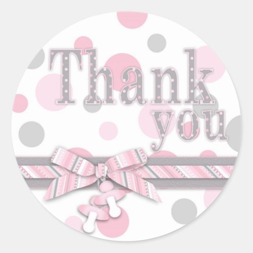 Thank You Pink  Gray Polka Dots Classic Round Sticker
