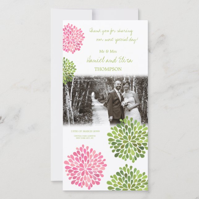 Thank You Pink & Green Blooms Wedding Photo Card (Front)