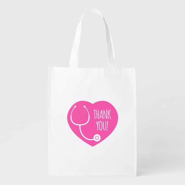 Thank You | Pink Heart Stethoscope Grocery Bag (Front)