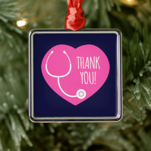 Thank You   Pink Heart Stethoscope Metal Ornament