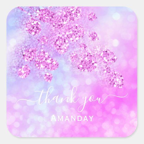 Thank You Pink Holographic Blue Floral 16th Square Sticker