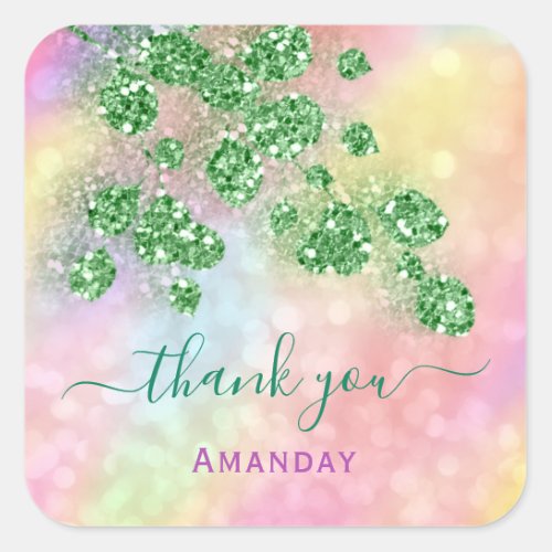 Thank You Pink Holographic Makeup Floral Green Square Sticker