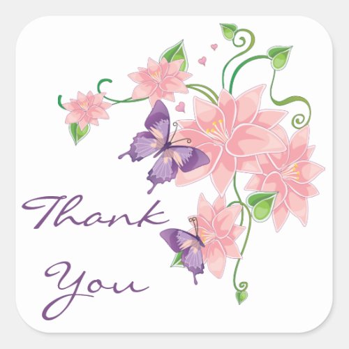 Thank You Pink Lilies Floral Butterfly Stickers