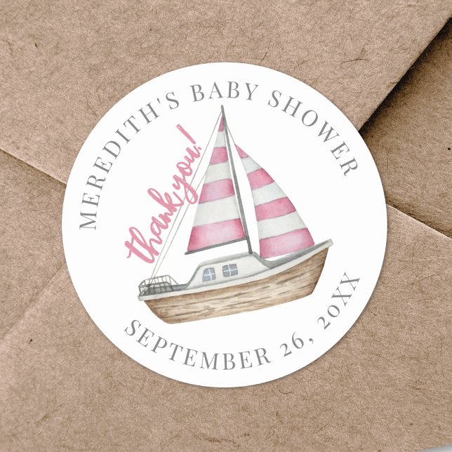 Thank You Pink Nautical Baby Shower Classic Round Sticker (Thank You Pink Nautical Baby Shower Classic Round Sticker)