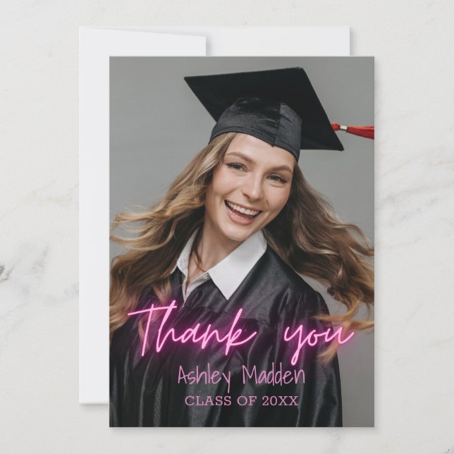 Thank You Pink Neon Modern Graduation Card (Front)