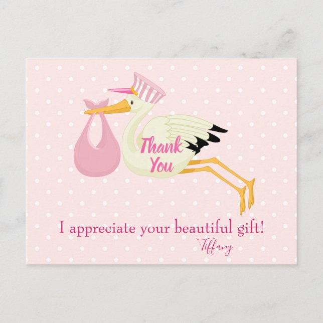 Thank You Pink Polka Dots with Stork Postcard (Front)