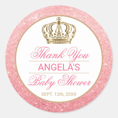 Thank You Pink Princess Gold Crown Baby Shower Classic Round Sticker
