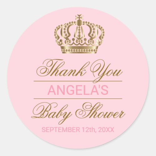 Thank You Pink Princess Gold Crown Baby Shower Classic Round Sticker