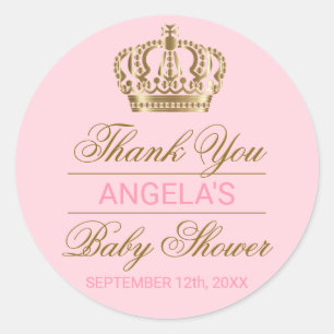 Thank You Pink Princess Gold Crown Baby Shower Classic Round Sticker