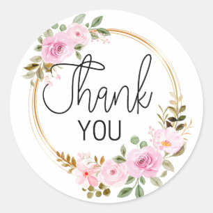 Thank You Pink Rose Floral Wreath Classic Round Sticker