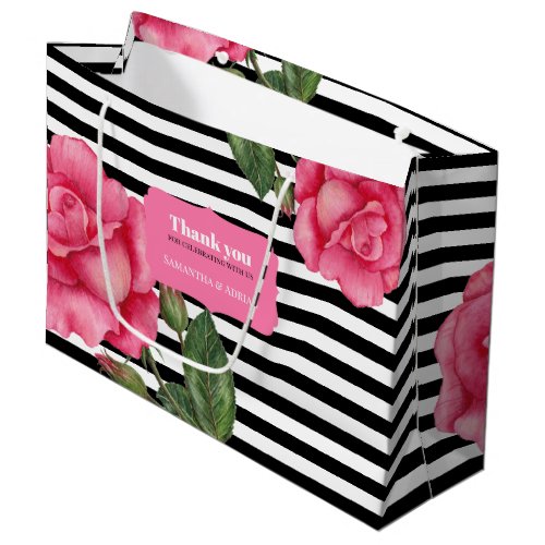 Thank you Pink Rose Watercolor Black White Stripes Large Gift Bag