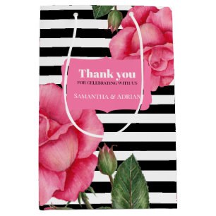Thank you Pink Rose Watercolor Black White Stripes Medium Gift Bag