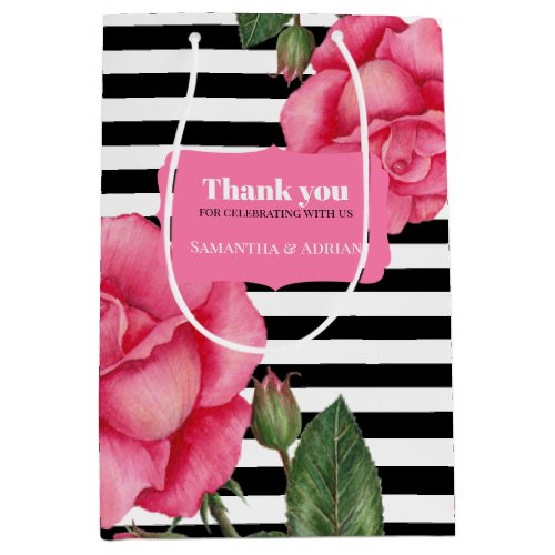 Thank you Pink Rose Watercolor Black White Stripes Medium Gift Bag