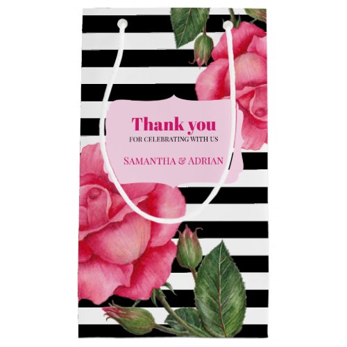 Thank you Pink Rose Watercolor Black White Stripes Small Gift Bag