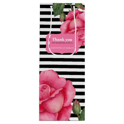 Thank you Pink Rose Watercolor Black White Stripes Wine Gift Bag