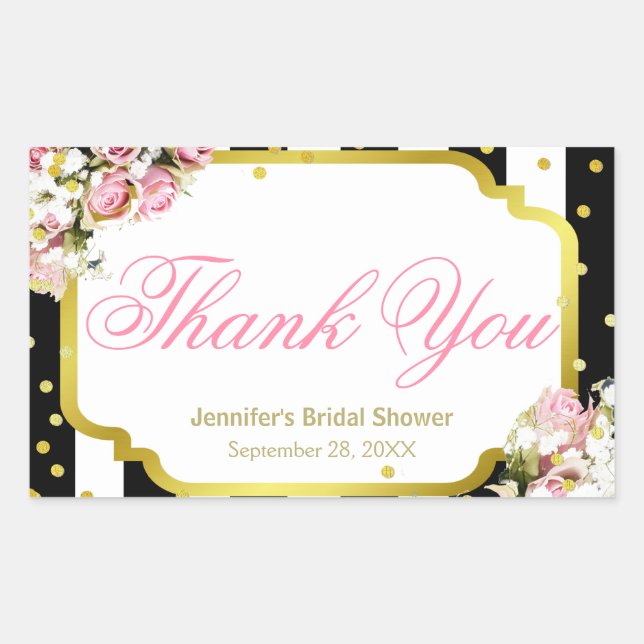 Thank You - Pink Roses, Stripes and Confetti Rectangular Sticker (Front)